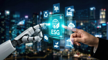 Obraz premium Esg sustainability report corporate dashboard with robot hand and human hand touch digital icon in modern city nightscape