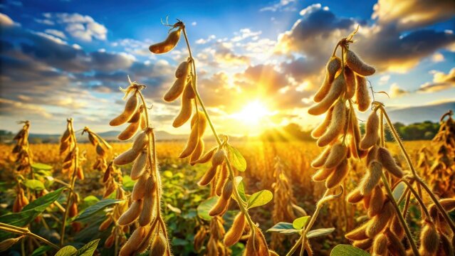 A realistic photo of Soybean plants with ripe pods in cultivated field during harvest season representing agriculture and rural landscape