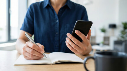 Fototapeta premium Remote working nomad digital lifestyle worker using smartphone with notebook taking notes focused planning