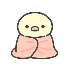 毛布にくるまるひよこの手書きイラスト 寒さ対策であたたまる © Nitomaru