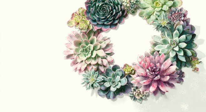 Circular Arrangement Of Various Succulent Plants In Pastel Colors On White