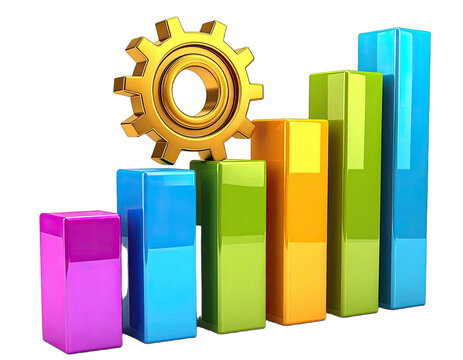 Colorful rising bar chart with golden gear on top