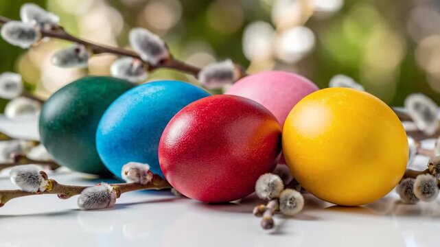 Five brightly colored Easter eggs in green, blue, red, pink, and yellow shades arranged alongside pussy willow catkin branches on a white surface with natural green bokeh background.