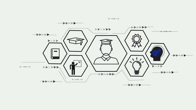 Modern Education Process Concept with Student, Learning Icons and Digital Knowledge Flow. Concept of artificial intelligence and education integration featuring digital icons of learning,