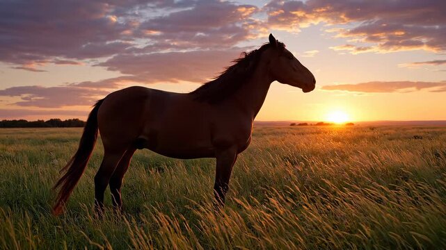 Majestic Brown Wild Horse Standing In Windy Grass Field At Sunset Wide Shot