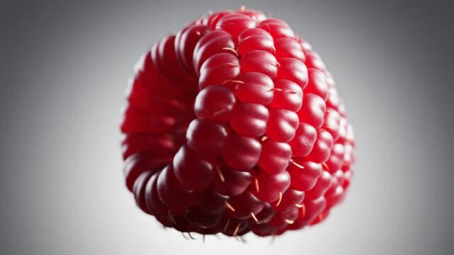 3D hyper-realistic render of a single ripe red raspberry featuring tiny textured seeds and delicate hairs, covered in fresh water droplets against a soft grey gradient background.
