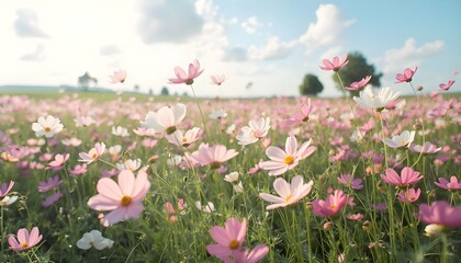 Fototapeta premium Beautiful Cosmos Flower Field in Full Bloom, Colorful Wildflower Meadow Landscape, Scenic Nature Background with Pink and White Blossoms in Tropical Countryside