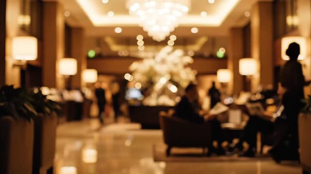 A blurry video shows people standing and sitting in a luxurious hotel lobby with a chandelier