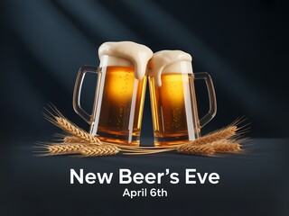 Obraz premium Two beer glasses with wheat on dark background for new beers eve celebration on april 6th with frothy drinks