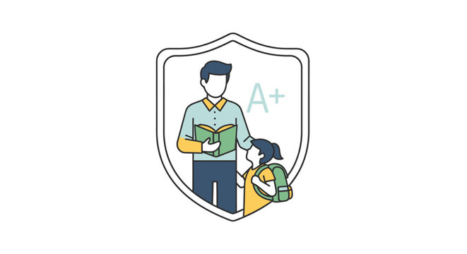 Illustration of Teacher with Student and Shield.