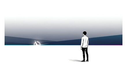 Obraz premium Man Standing in Vast White Landscape Looking at Distant Glowing Portal