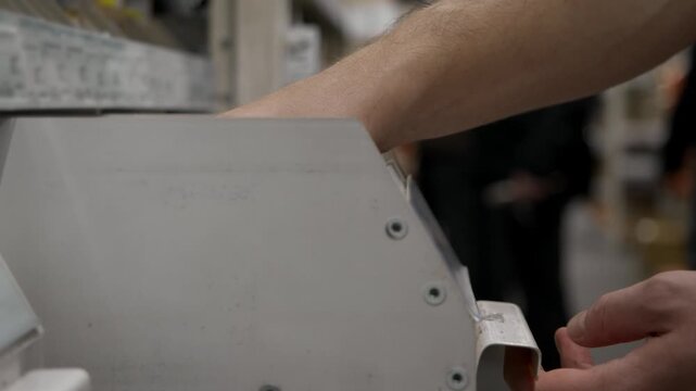 Shopper opens fasteners drawer selecting screw in construction store. Hand lifts metal self-tapper from stack. Close up