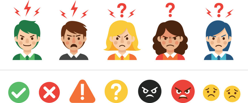 Customer Complaint and Negative Feedback Icons Set with Angry Users, Warning Symbols, and Problem Reaction Emojis Vector Collection