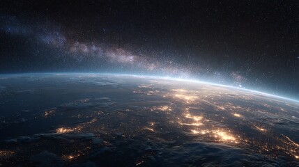 Fototapeta premium Earth from Space with Milky Way Galaxy Above Glowing City Lights.