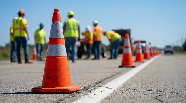 Orange traffic cones with reflective bands line a road with construction workers in the background under a clear blue sky road work safety cones traffic control orange cones