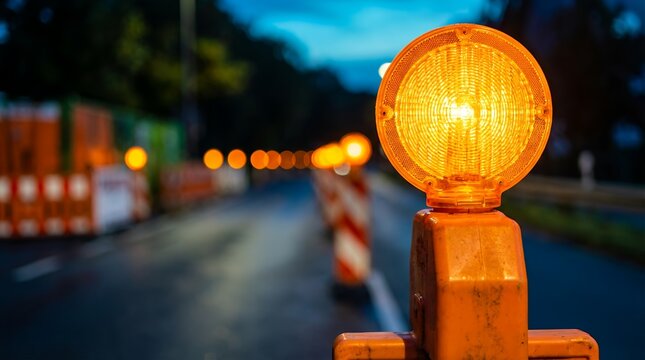Close up of an illuminated orange construction safety light with blurred traffic cones and barriers receding into the twilight warning hazard night road work danger alert