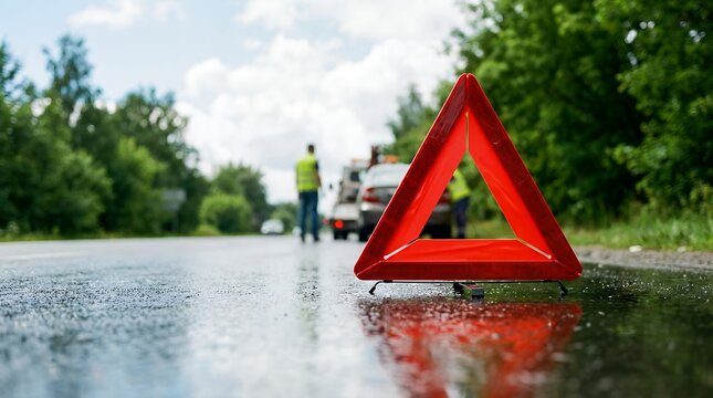 Red triangular warning sign placed on a wet road with a broken down car and tow truck visible in the distance warning triangle car breakdown roadside assistance emergency