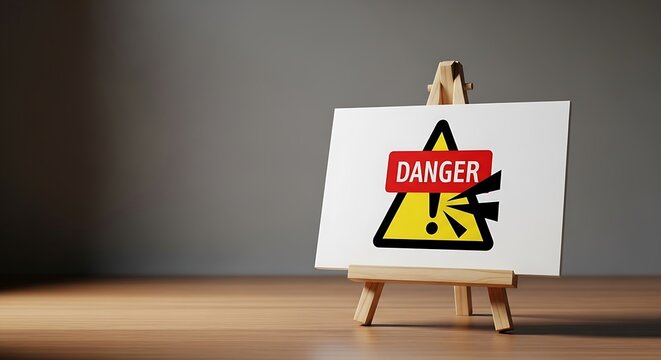 Warning sign icon displayed on an easel with a caution symbol and the word danger in red, indicating a hazardous situation