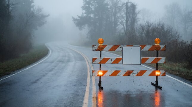 A wet winding road with a construction barrier and warning lights on a foggy day traffic safety detour closed sign orange white stripes caution hazard obstruction roadwork