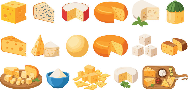 Variety of cheese vector collection with different types, shapes, and textures, including cheddar, blue, brie, mozzarella, gouda, and fresh cheeses for culinary and food designs