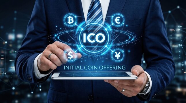 Businessman interacting with a glowing ICO Initial Coin Offering digital display on a tablet surrounded by global currency symbols in a futuristic net