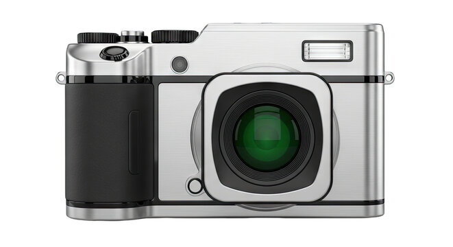 Retro-style digital camera with silver body and black grip