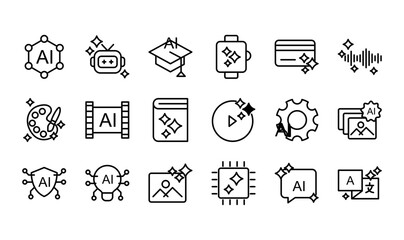 Fototapeta premium Artificial intelligence line icon set featuring AI technology, machine learning, automation, and digital innovation concepts in outline style
