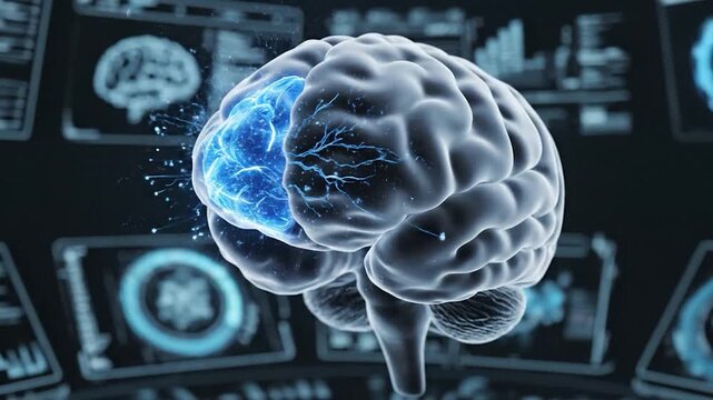 Glowing brain illustration with digital displays in the background, depicting complex neural activity