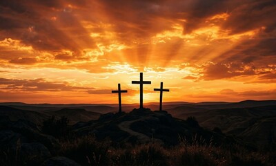 Obraz premium Three Crosses Hill Christian Easter Sunset