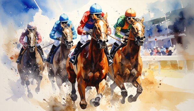 Thoroughbred Race Horses Galloping on a Dirt Track with Jockeys in Colorful Silks Under a Bright Sunny Sky with Spectators in the Stands