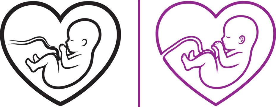 Heart-shaped vector icons featuring a fetus with an umbilical cord, symbolizing love, life, and prenatal development in both black and purple minimalist line art styles.