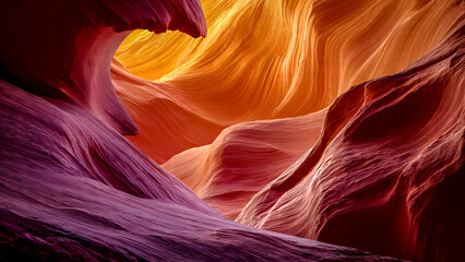 Obraz premium A view of Antelope Canyon, Arizona—featuring majestic, flowing sandstone walls in rich gradients of red, orange, and pink. The narrow canyon is illuminated by soft sunlight.
