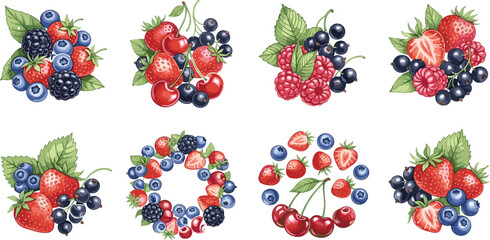 Hand-drawn berry vector collection with strawberries, blueberries, raspberries, cherries, and blackcurrants, perfect for fruit illustrations, © Lipi