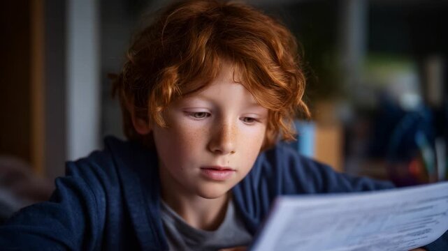 A Young Boy Deep in Thought While Analyzing Documents, Showcasing Curiosity and Concentration in a Cozy Indoor Setting