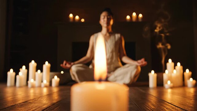 Woman meditating in a circle of candles for inner peace and mindfulness.