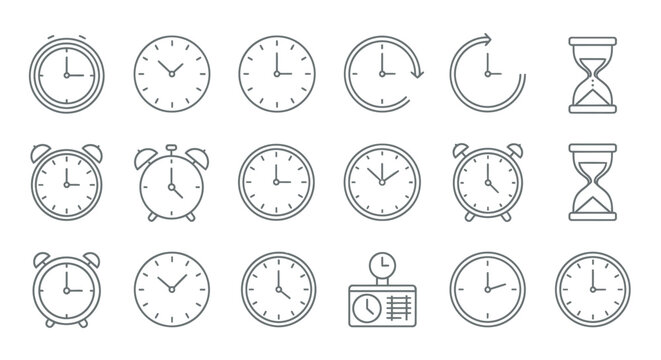 Collection of clocks and timekeeping icons in grayscale visuals.