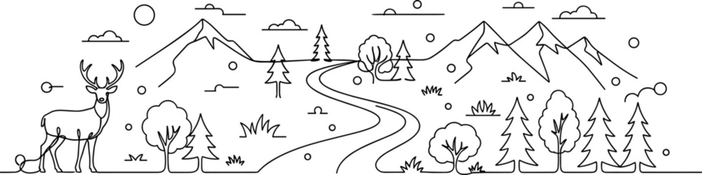 Minimal mountain landscape line art vector with deer forest trees river scenic nature outline illustration