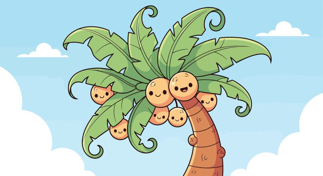 Cartoon palm tree with smiling coconuts.