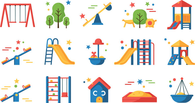 Playground equipment vector set with swings slides seesaw climbing frame sandbox and kids park play elements collection