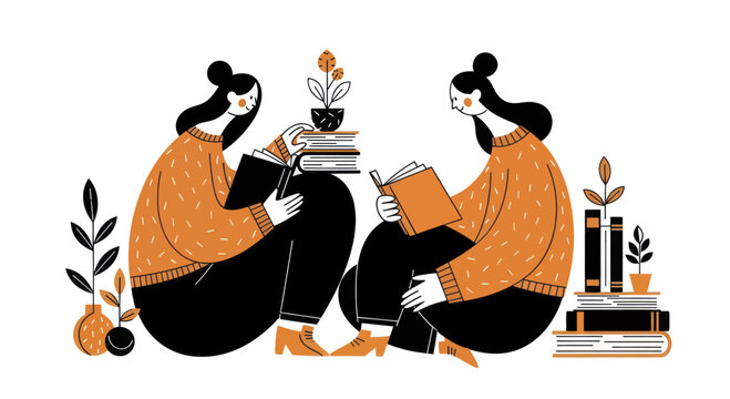 Two women reading books surrounded by plants and stacked books.
