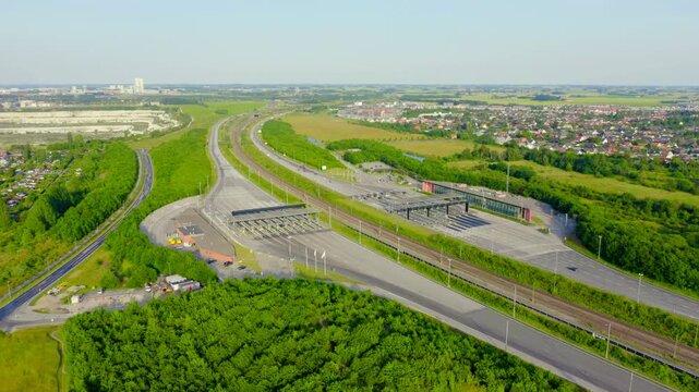Malmo, Sweden. Car payment point. Oresund bridge. A long tunnel and bridge with an artificial island between Sweden and Denmark. Drone footage, Point of interest