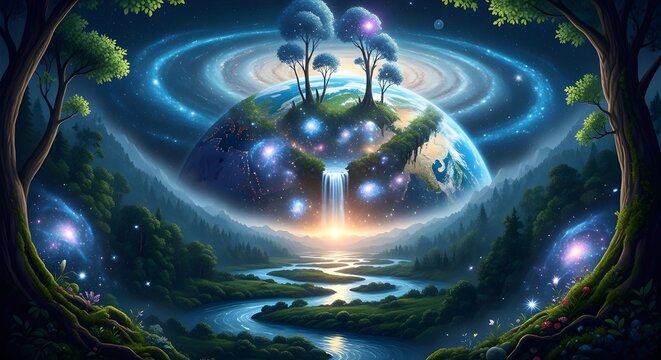 A surreal digital illustration of planet earth integrated into a lush mountain landscape with a waterfall and glowing cosmic stars in the sky.
