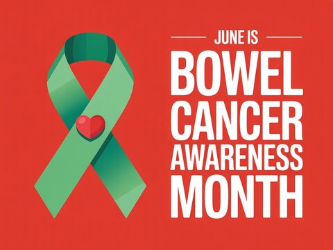 Bowel cancer awareness month with green ribbon and red heart on orange background