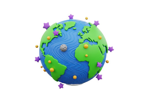 3d icon of a stylized 3d globe with continents, stars, and a moon, isolated on transparent background