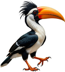 Obraz premium A bold hornbill spreads wide dark wings with a vivid orange beak and red eyes.
