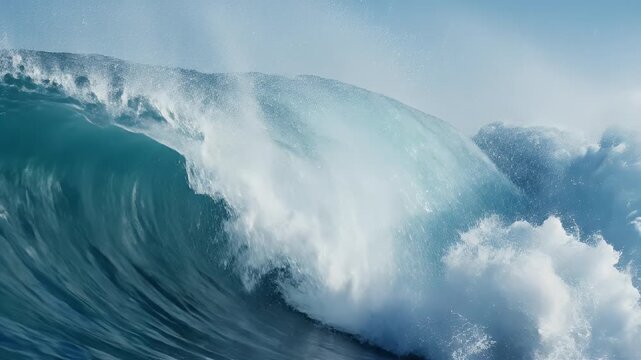 Massive turquoise wave barrels with frothy white crest against a clear blue sky