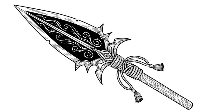 Ornate spearhead with decorative swirls and tassels ancient weapon illustration