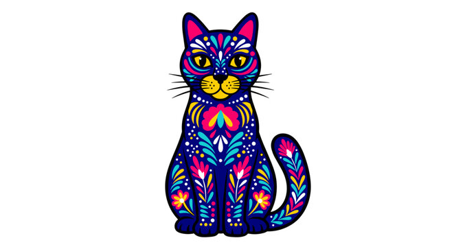 Vibrant cat illustration with intricate floral patterns day of the dead inspired