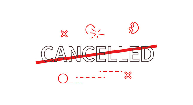 Cancelled text with red strike through line, minimalist vector illustration for cancellation or rejection concept.