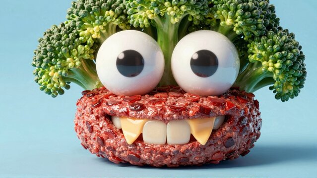 Friendly broccoli character with large eyes and pomegranate mouth